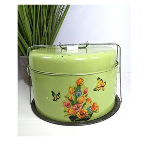 Vintage MCM Flowers Green Metal Double Decker 4 pc. Cake, Pie, Carrier Tin